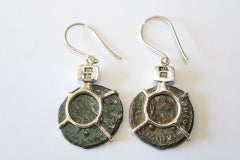Sterling Silver Earrings with Antique Roman Coin and Peridot Accent Stone
