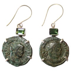 Sterling Silver Earrings with Antique Roman Coin and Peridot Accent Stone       