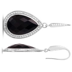 Sterling Silver Earrings with Black Agate and CZ, Rhodium Finish