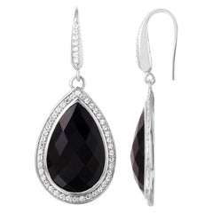 Sterling Silver Earrings with Black Agate and CZ, Rhodium Finish