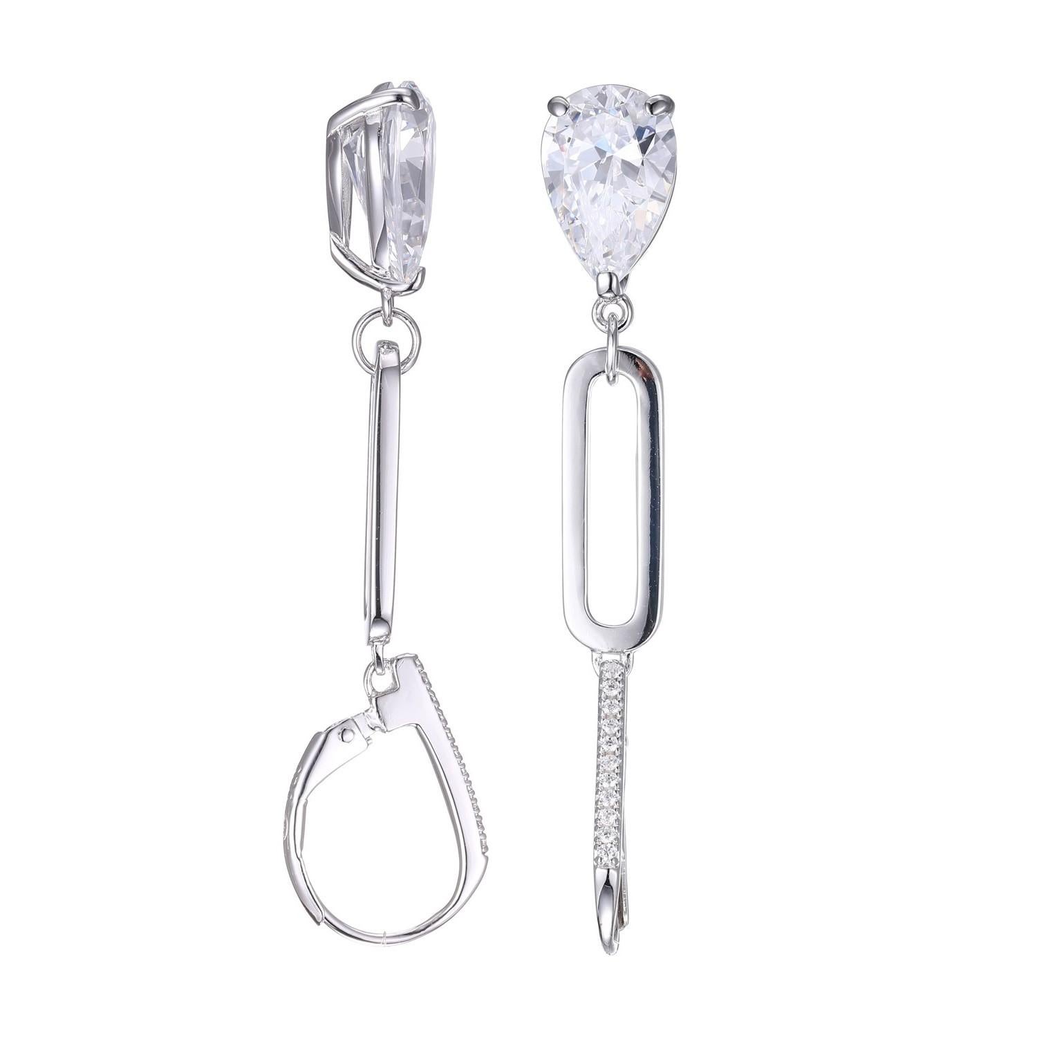 Pear Cut Sterling Silver Earrings with CZ (12x8mm), Lever Back, Rhodium Finish For Sale