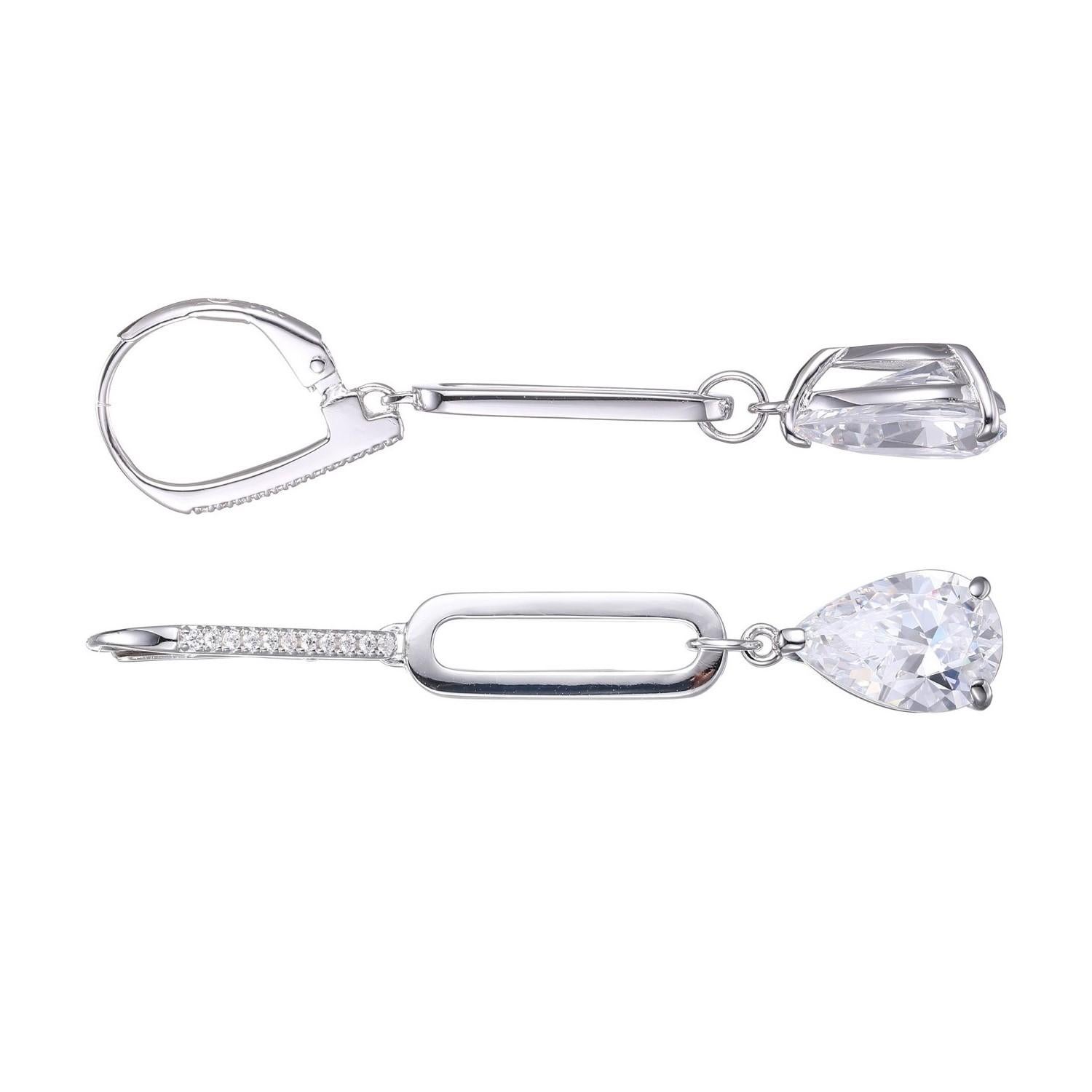 Sterling Silver Earrings with CZ (12x8mm), Lever Back, Rhodium Finish In New Condition For Sale In Dallas, TX