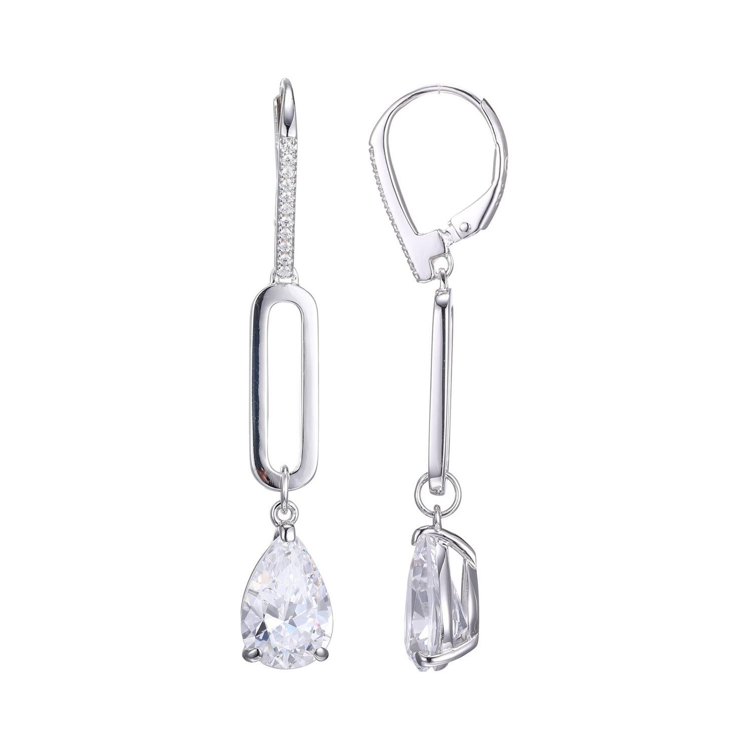 Sterling Silver Earrings with CZ (12x8mm), Lever Back, Rhodium Finish For Sale