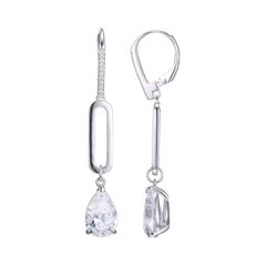 Sterling Silver Earrings with CZ (12x8mm), Lever Back, Rhodium Finish