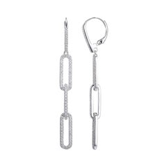 Sterling Silver Earrings with CZ Links (18x6mm), Lever Back, Rhodium Finish