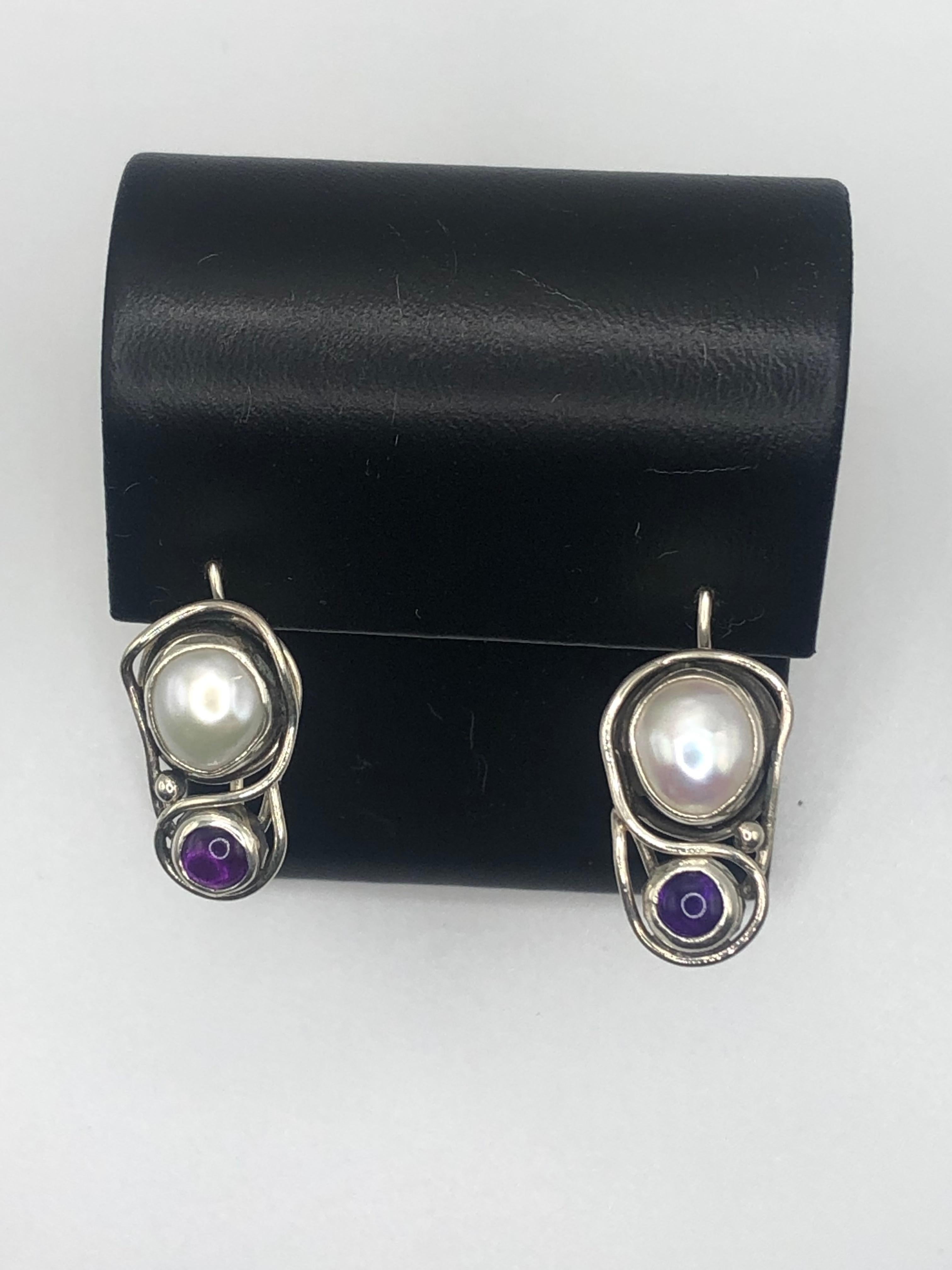Cabochon Sterling Silver Earrings with Freshwater Pearl and Garnet  For Sale