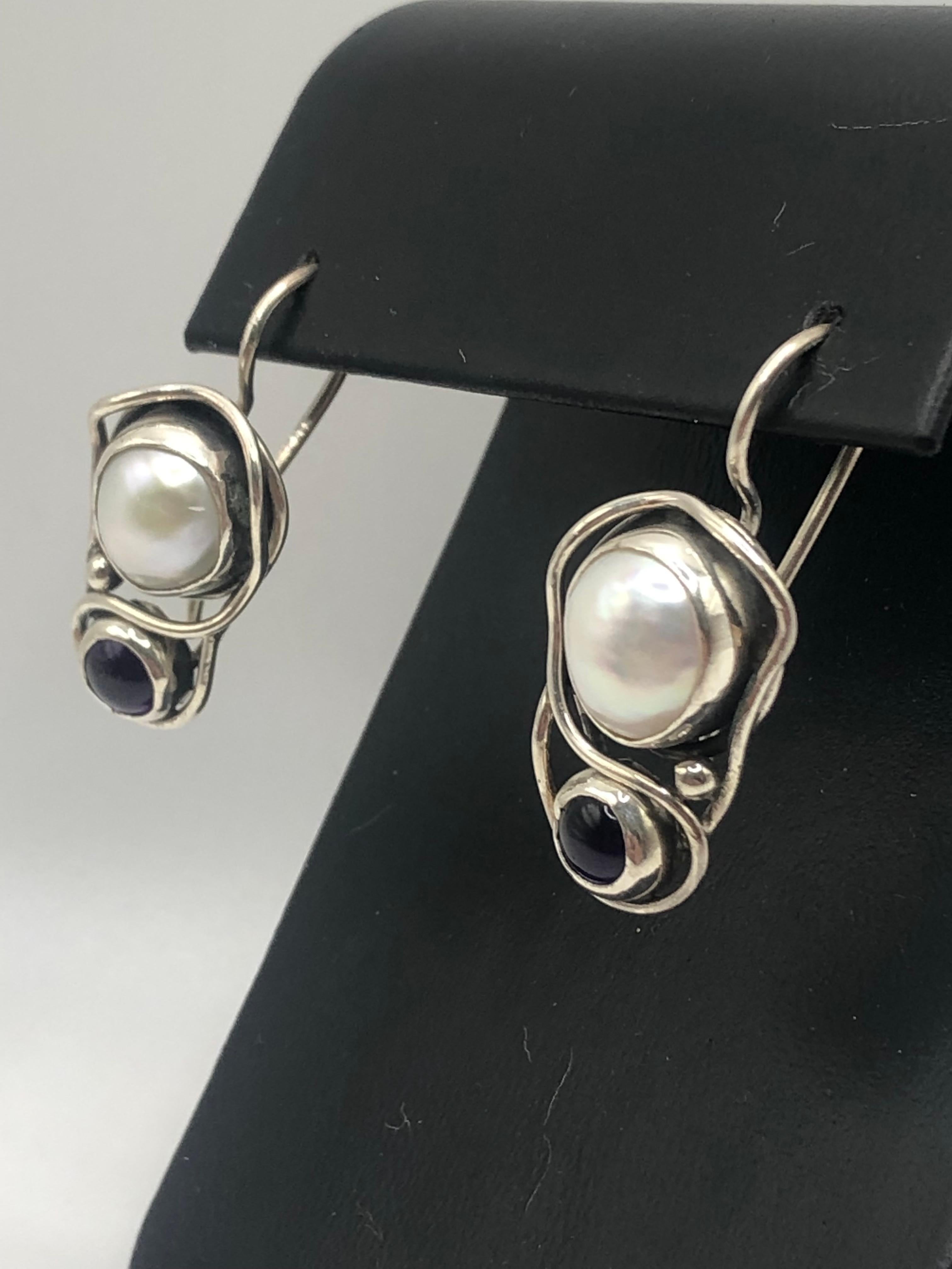 Women's Sterling Silver Earrings with Freshwater Pearl and Garnet  For Sale