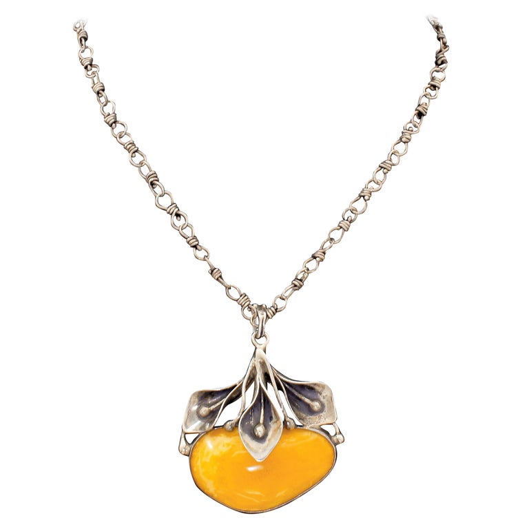 Amber & Sterling Silver Pendant Necklace 