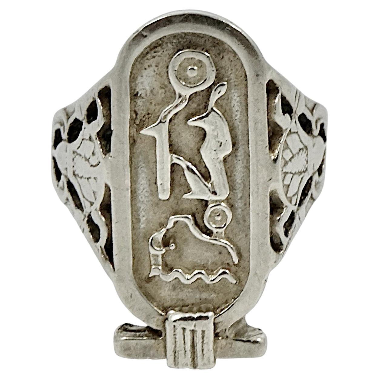 Sterling Silver Egyptian Revival Pharaonic Cartouche Ring circa 1970s For Sale