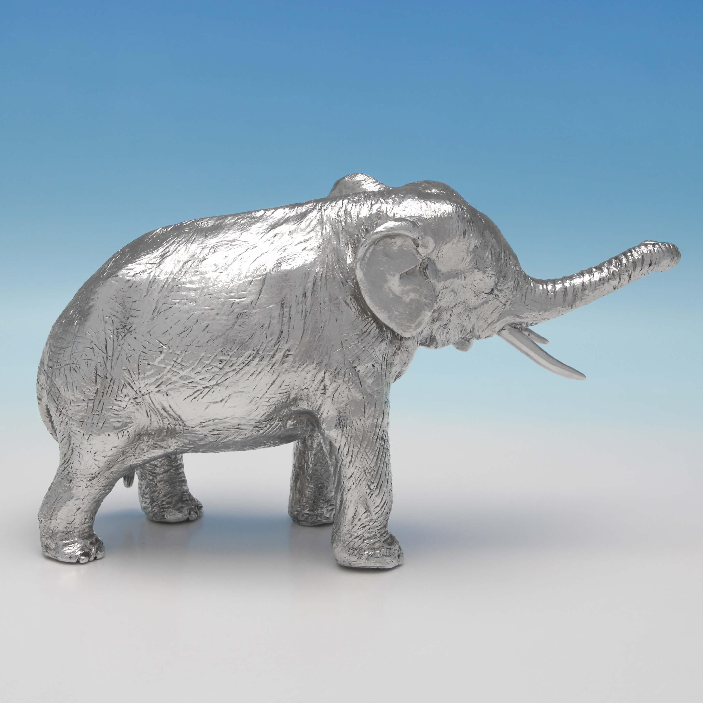 Hallmarked in London in 1973, this handsome, Elizabeth II, sterling silver elephant model, has been realistically cast, with fine detailing. The elephant measures 4.5