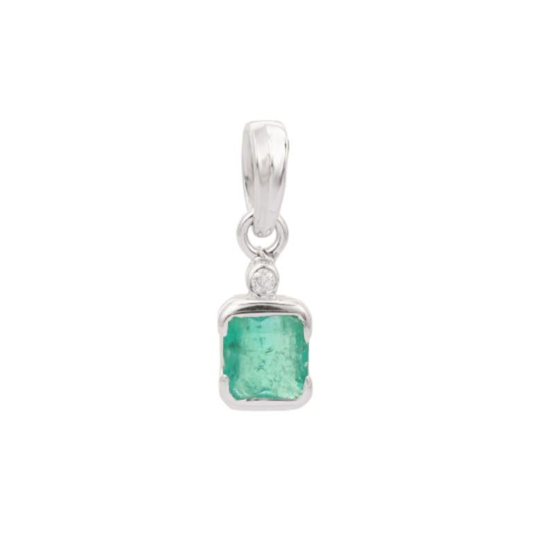 Women's or Men's Sterling Silver Emerald and Diamond Pendant, Emerald Birthstone Pendant For Sale