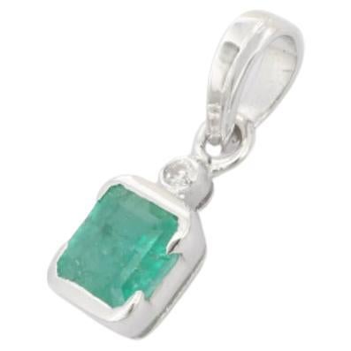 Sterling Silver Emerald and Diamond Pendant, Emerald Birthstone Pendant For Sale