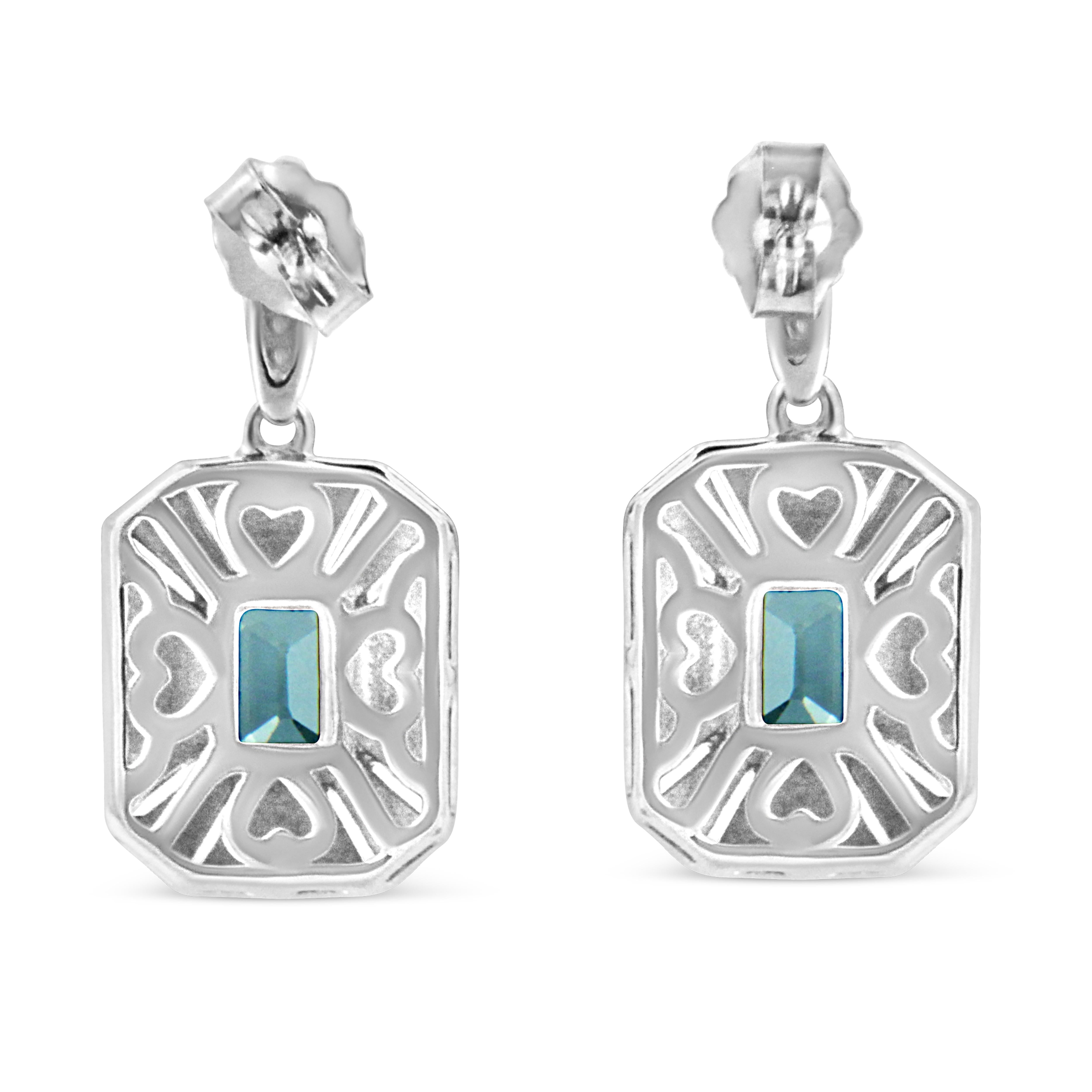 Contemporain Boucles d'oreilles pendantes en argent sterling avec topaze bleue émeraude et accentuation de diamants en vente