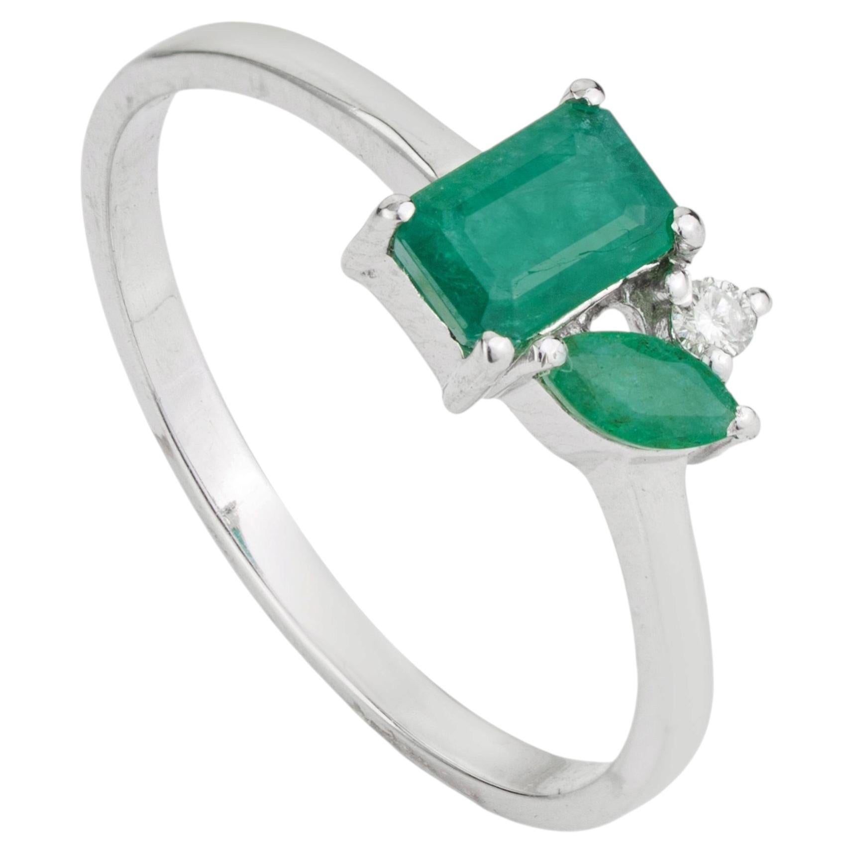 Sterling Silver Emerald & Diamond Asymmetric Solitaire Cluster Ring By Silvorra