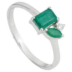 Sterling Silver Emerald & Diamond Asymmetric Solitaire Cluster Ring By Silvorra