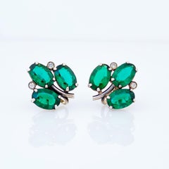 Sterling Silver & Emerald Green Crystal Clover Earrings, 1950s