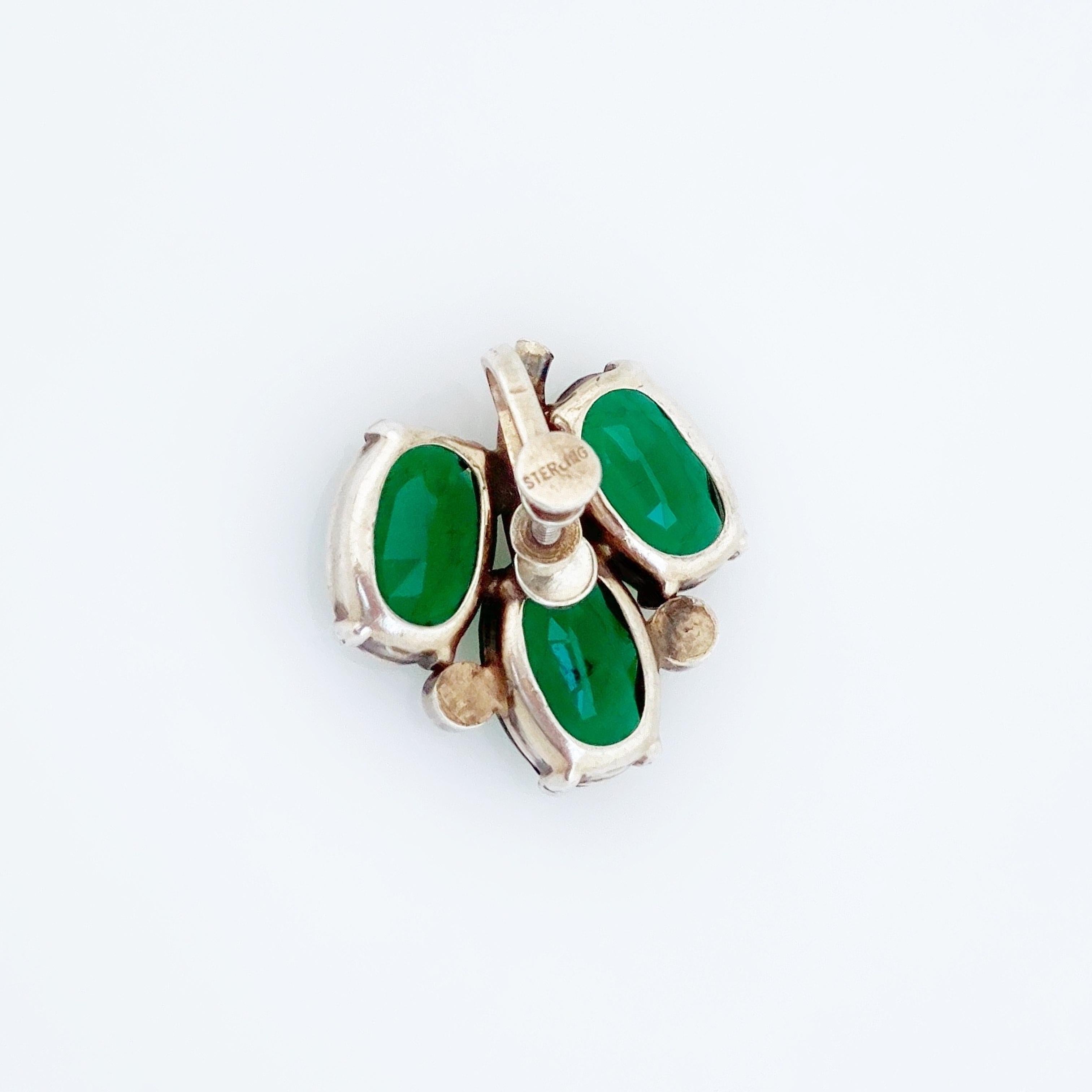 Sterling Silver and Emerald Green Crystal Clover Earrings, 1950s For Sale  at 1stDibs