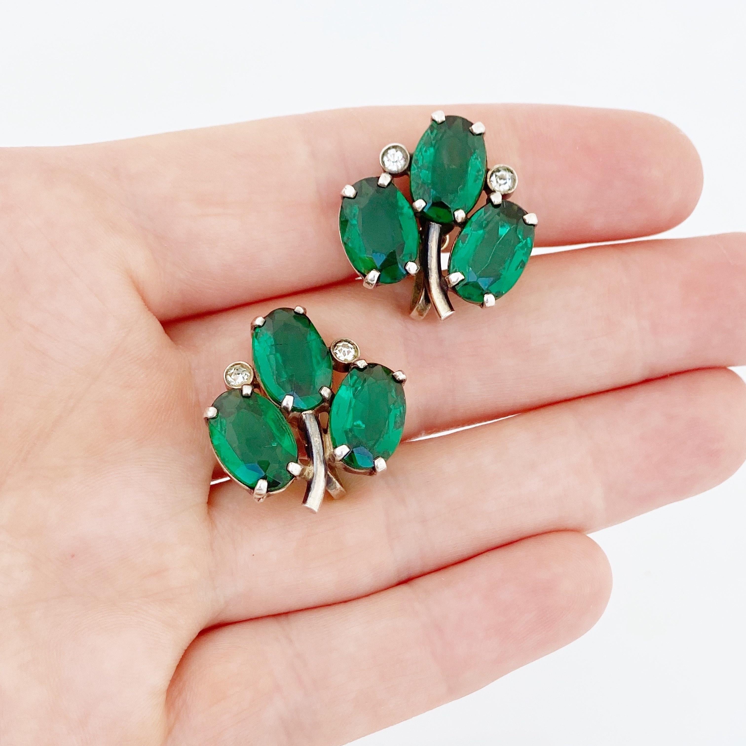 Modern Sterling Silver & Emerald Green Crystal Clover Earrings, 1950s For Sale