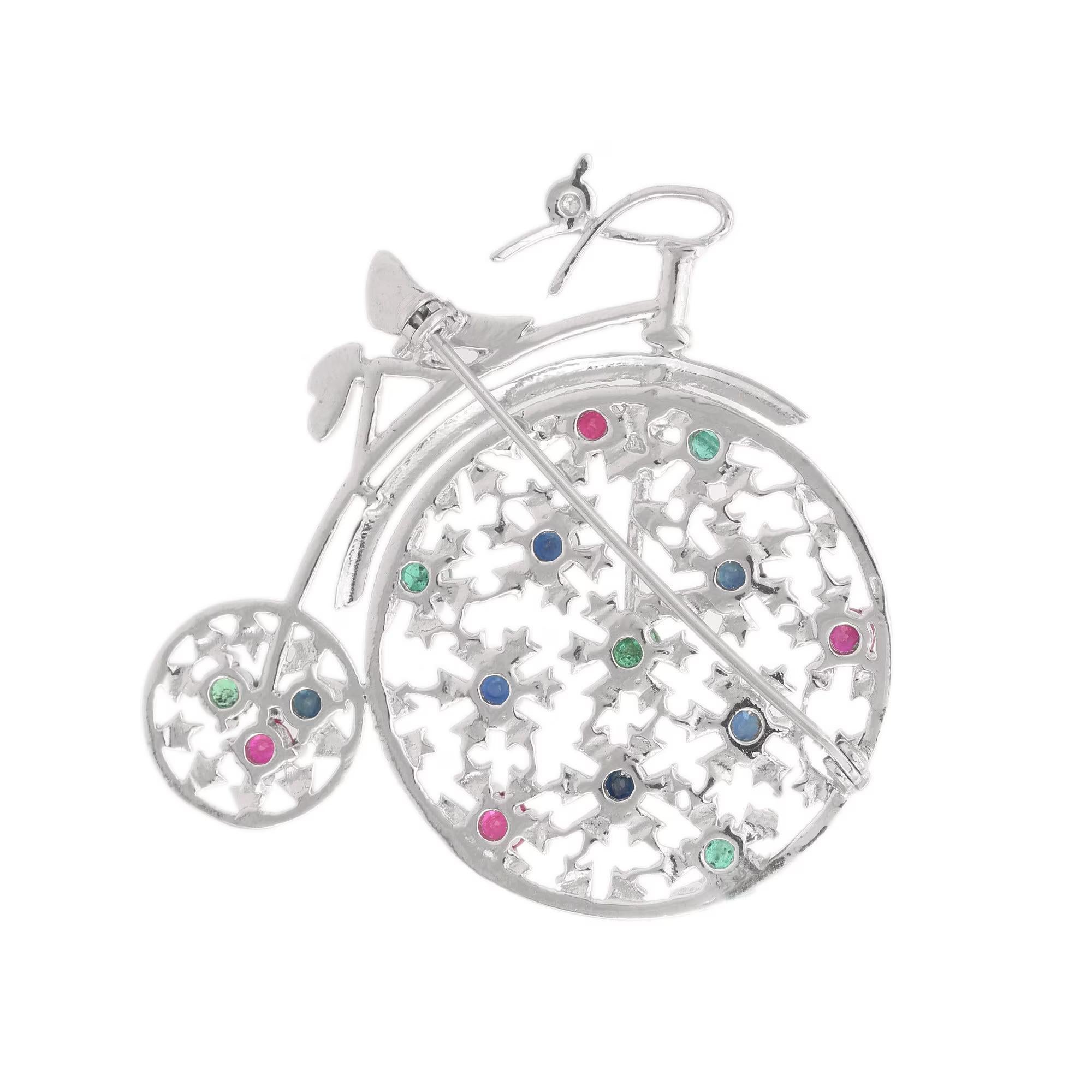Women's or Men's Sterling Silver Emerald Ruby Sapphire Multi Gemstone Bicycle Brooch