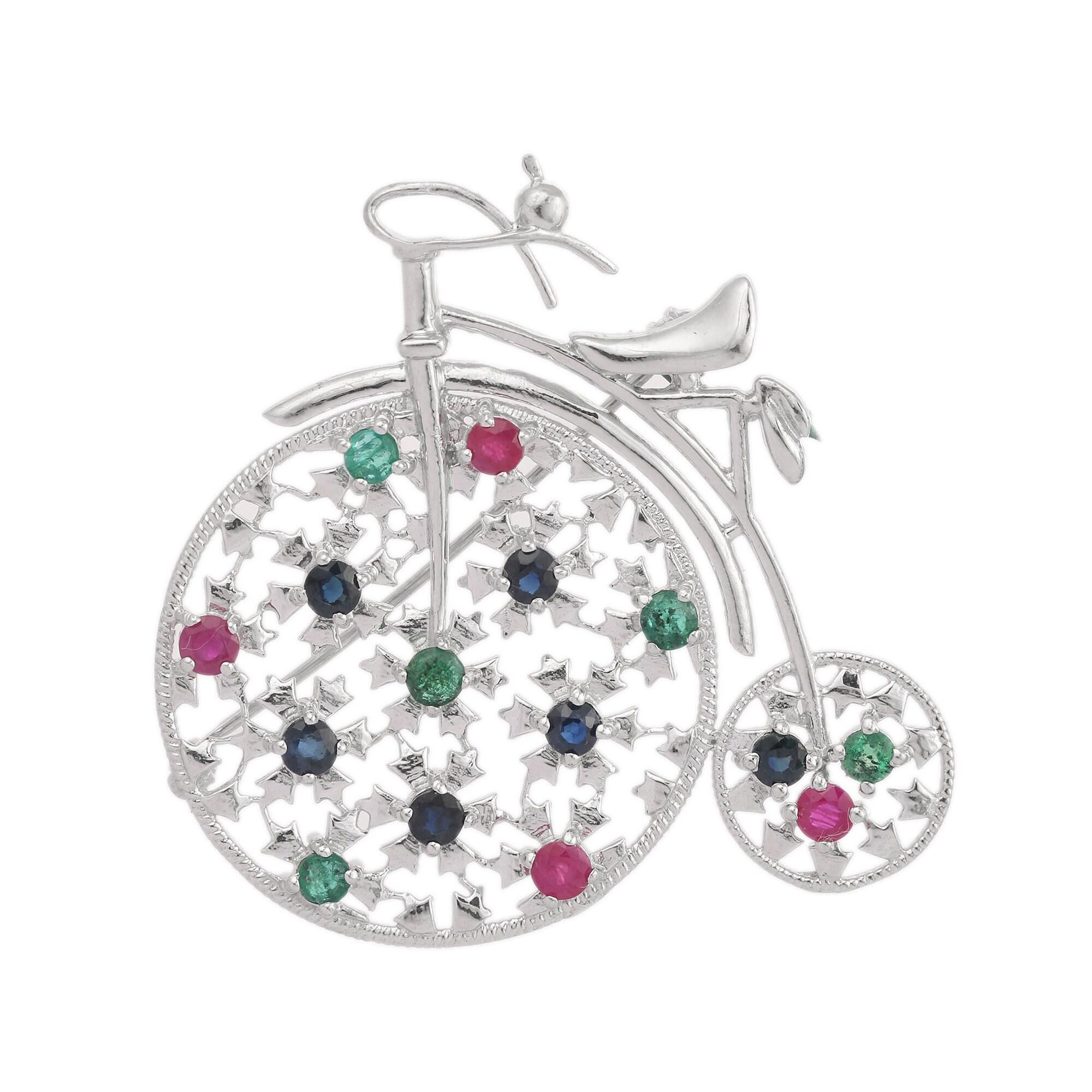 Sterling Silver Emerald Ruby Sapphire Multi Gemstone Bicycle Brooch 2