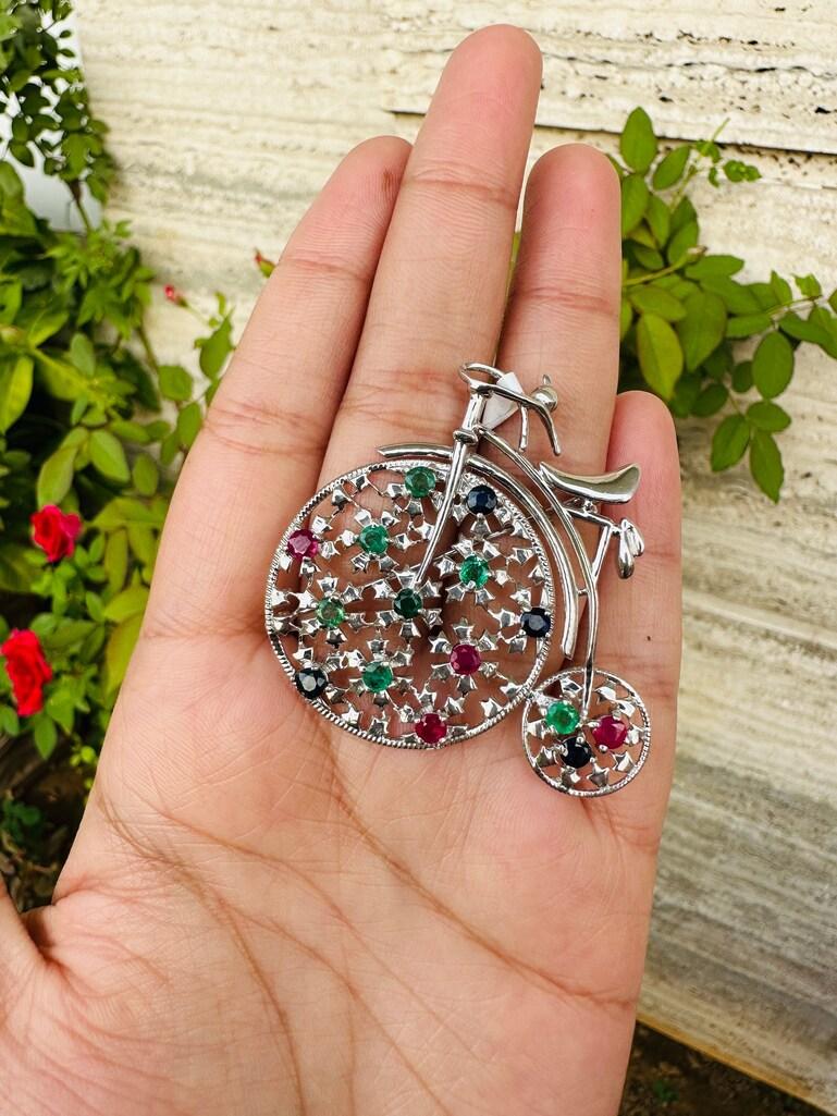 Sterling Silver Emerald Ruby Sapphire Multi Gemstone Bicycle Brooch In New Condition In Houston, TX