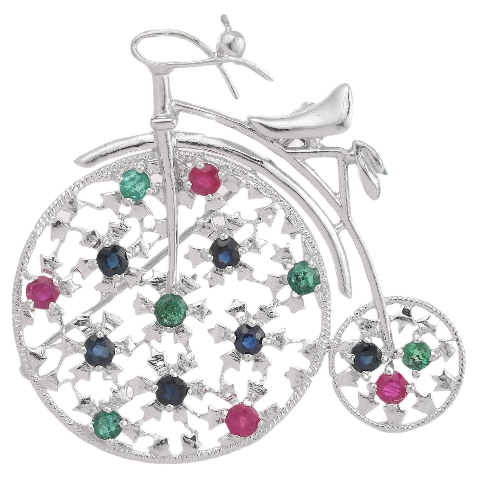 Sterling Silver Emerald Ruby Sapphire Multi Gemstone Bicycle Brooch