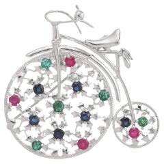 Retro Sterling Silver Emerald Ruby Sapphire Multi Gemstone Bicycle Brooch