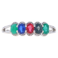 Sterling Silver Emerald Sapphire Five-Stone Ring - 925 Oval .85ctw