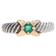 Sterling Silver Emerald X Solitaire Ring - 925 & 14k Yellow Gold Rope-Textured