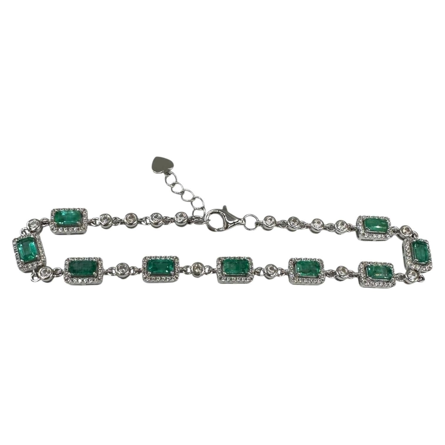 Sterling Silver Emerald Zircon Bracelet 2.46ct 8 Inch Adjustable
