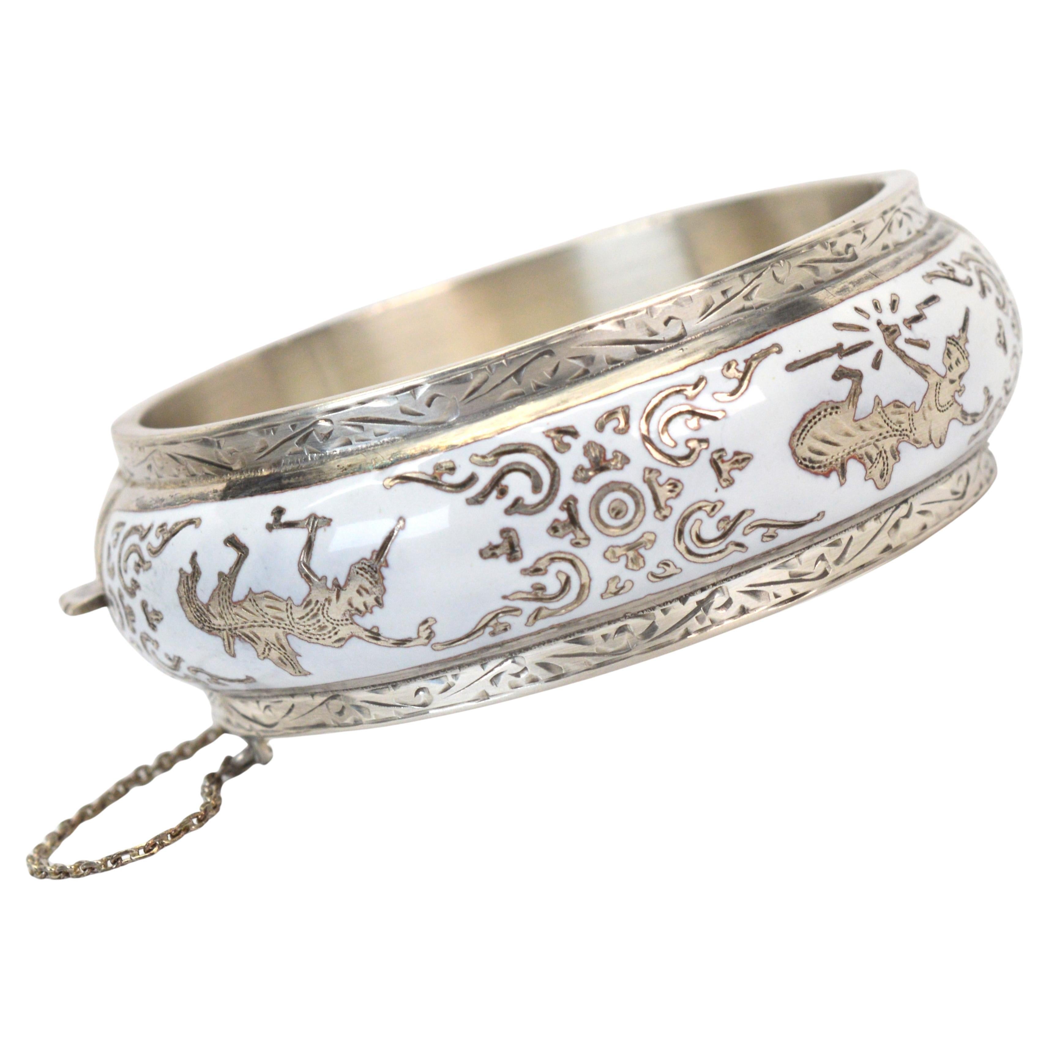 Sterling Silver Enamel Bangle Bracelet w Siam Dancers