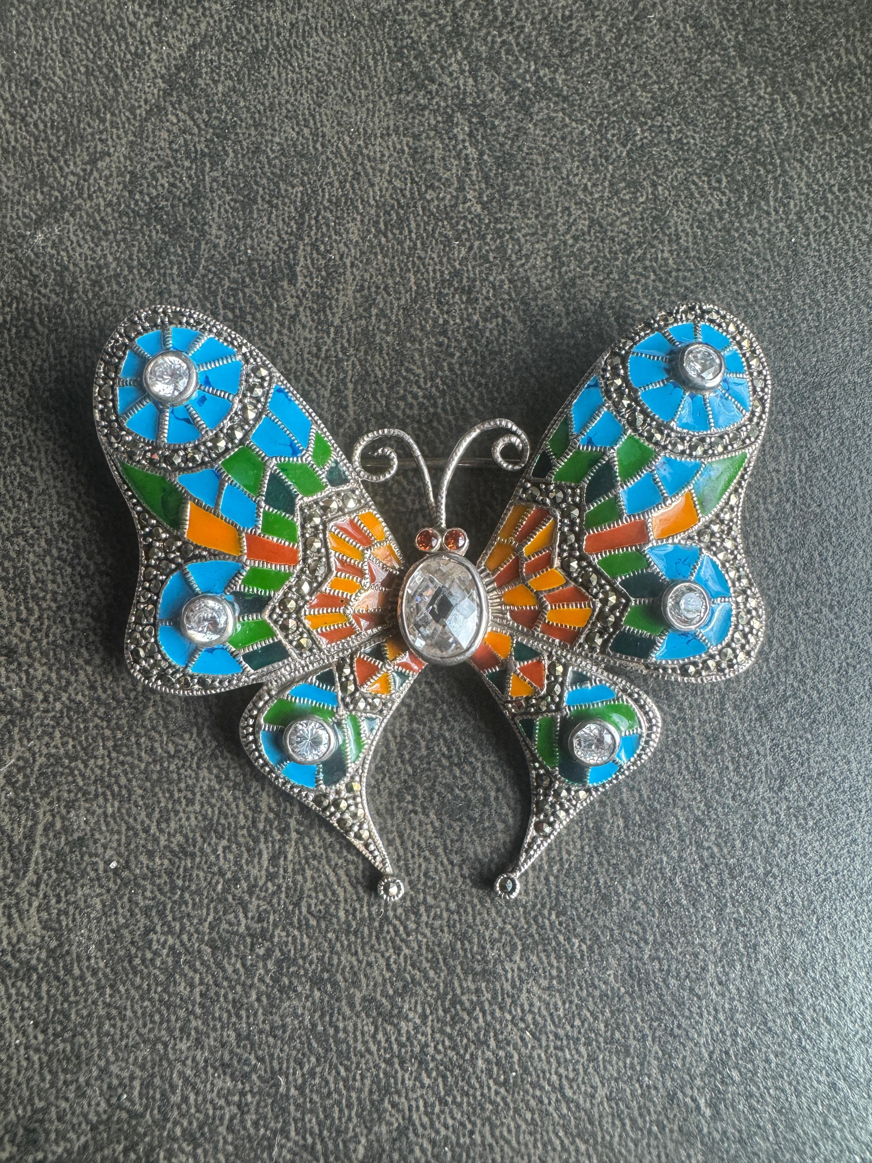 Alfiler de mariposa de plata de ley con esmalte Broche de marcasita en venta 5
