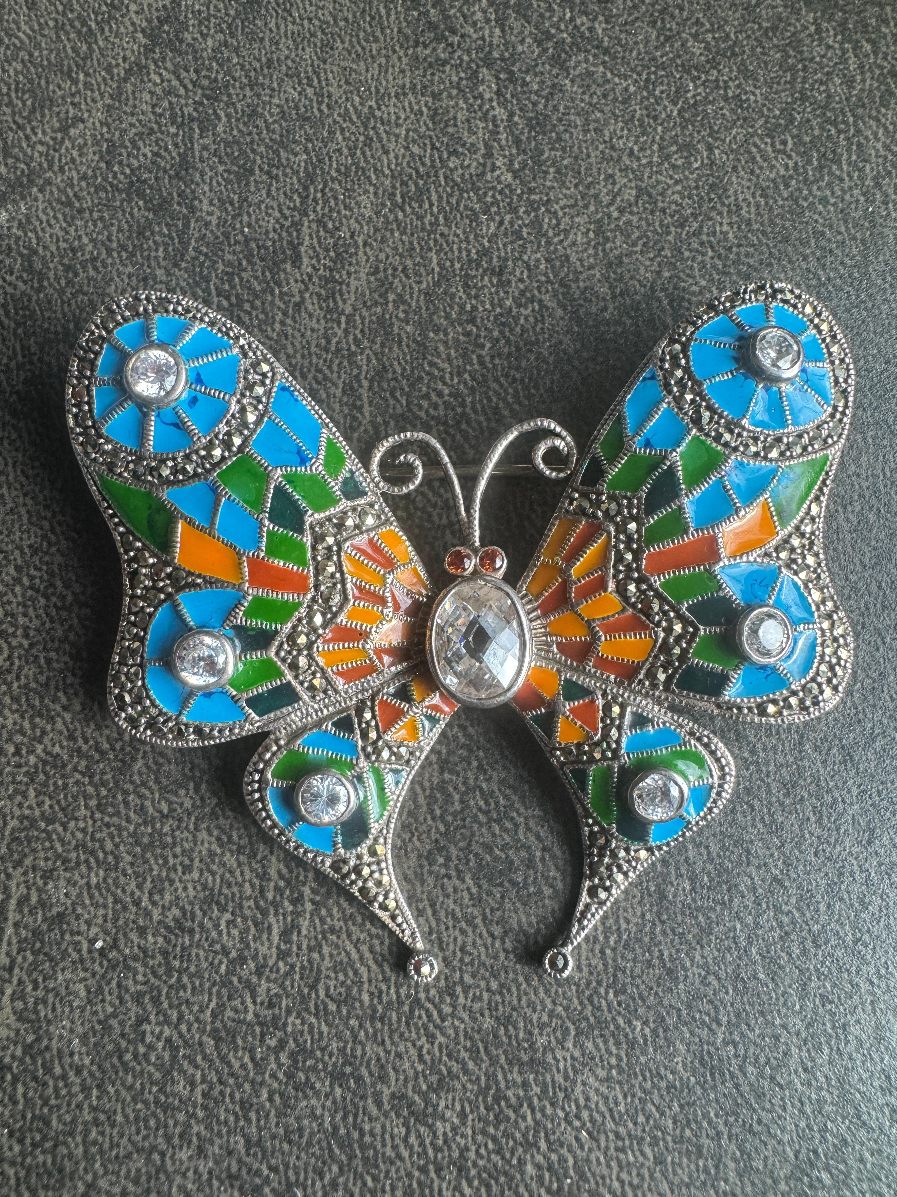 Alfiler de mariposa de plata de ley con esmalte Broche de marcasita en venta 6