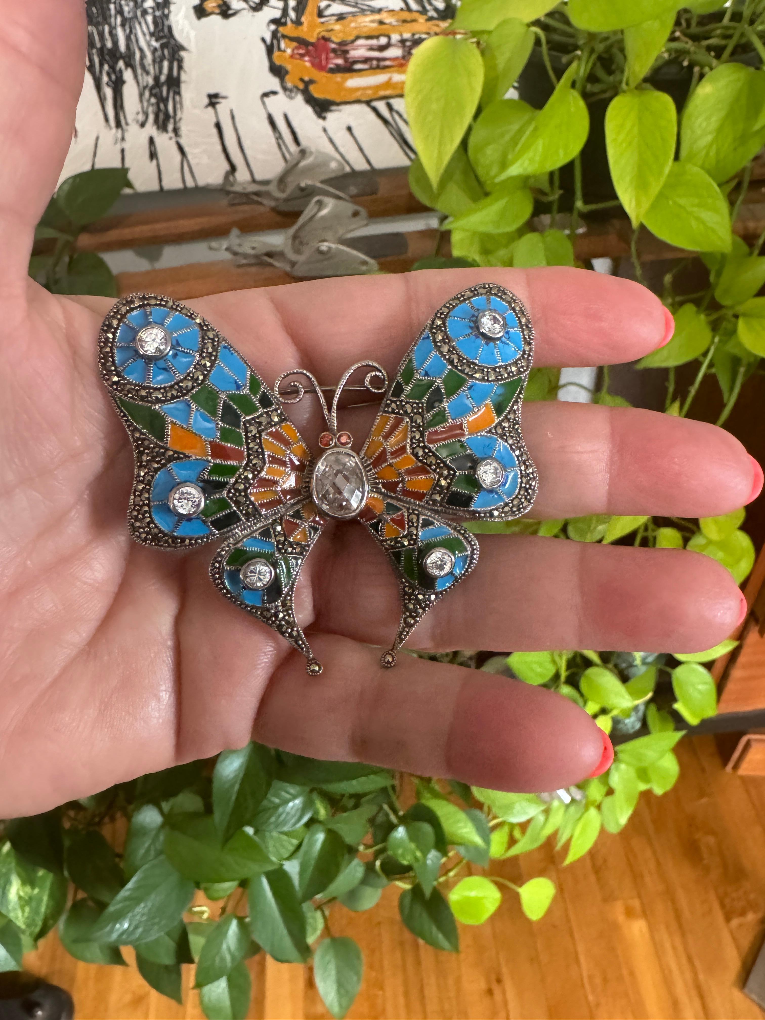 Alfiler de mariposa de plata de ley con esmalte Broche de marcasita en venta 3