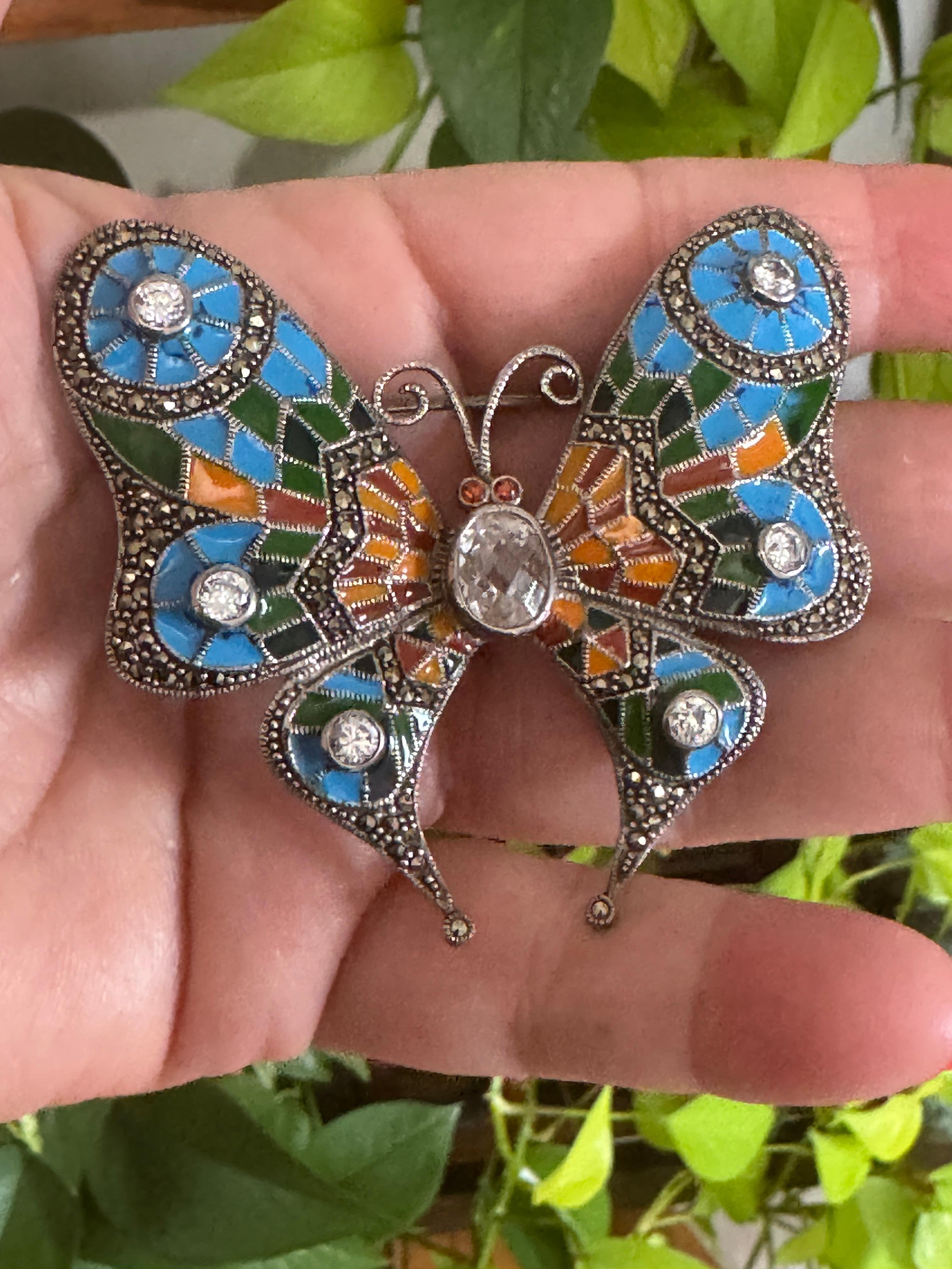 Alfiler de mariposa de plata de ley con esmalte Broche de marcasita en venta 4