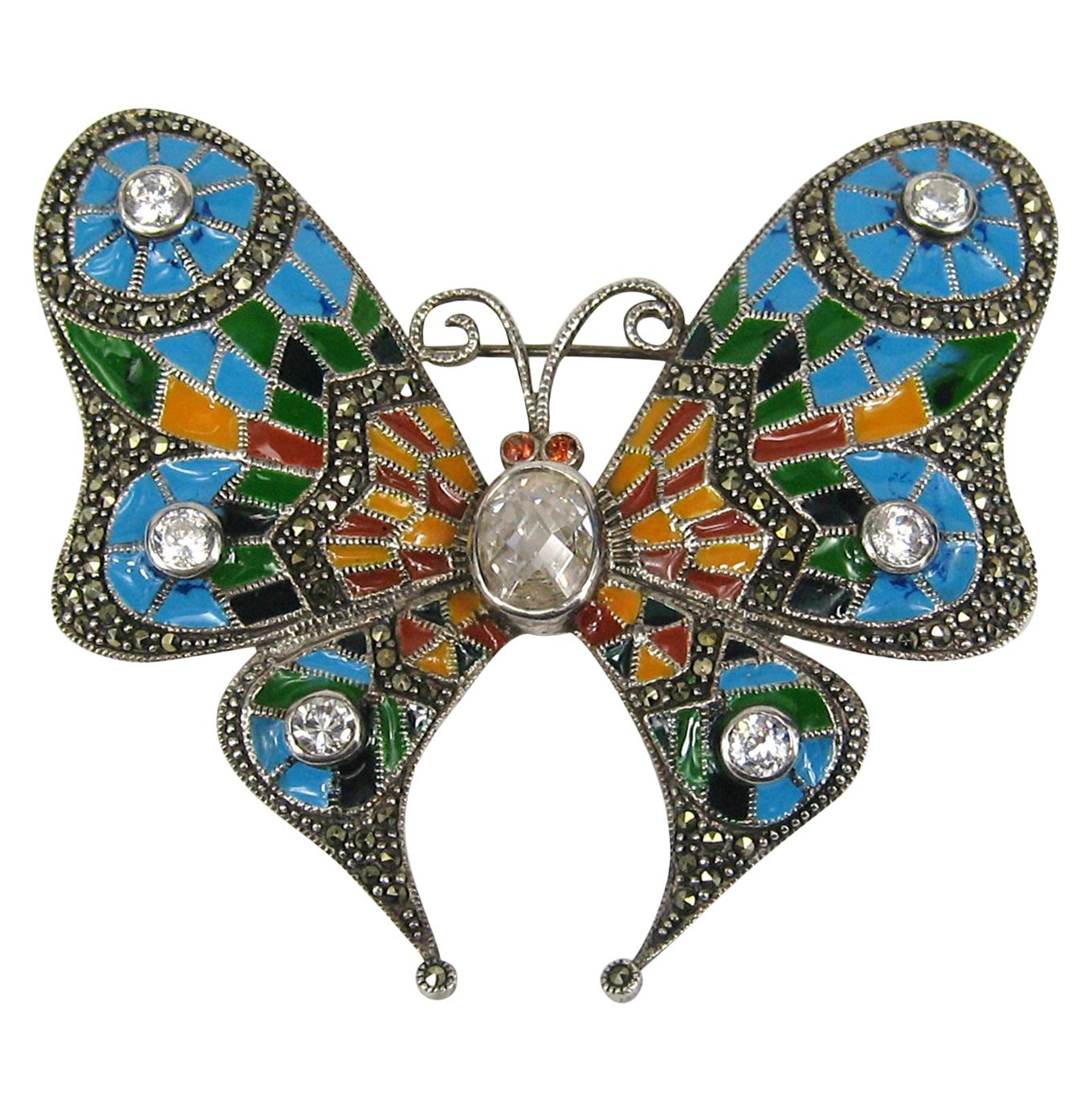 Sterling Silver Enamel Butterfly Pin Marcasite Brooch 