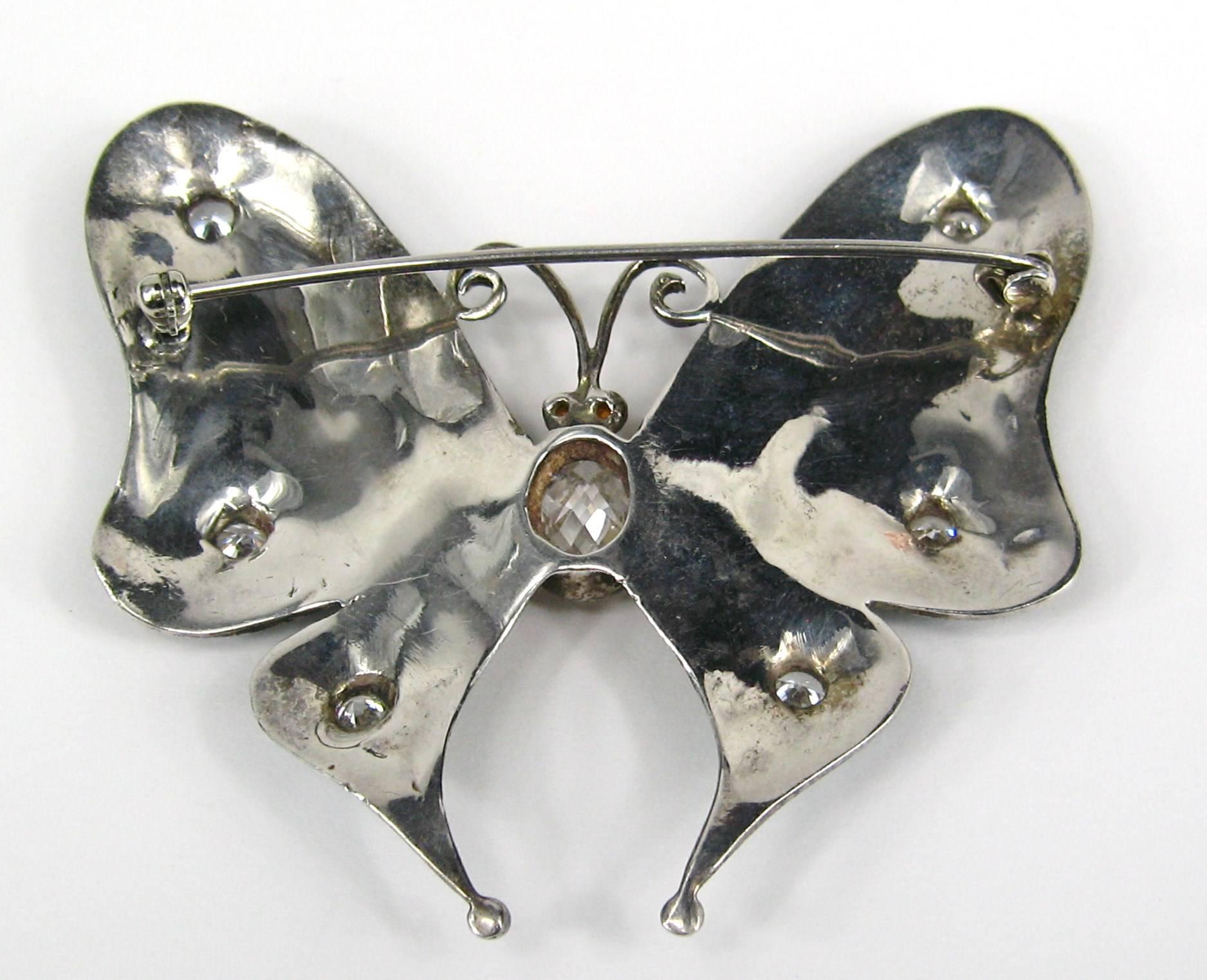 Women's or Men's Sterling Silver Enamel Butterfly Pin Marcasite Brooch  For Sale