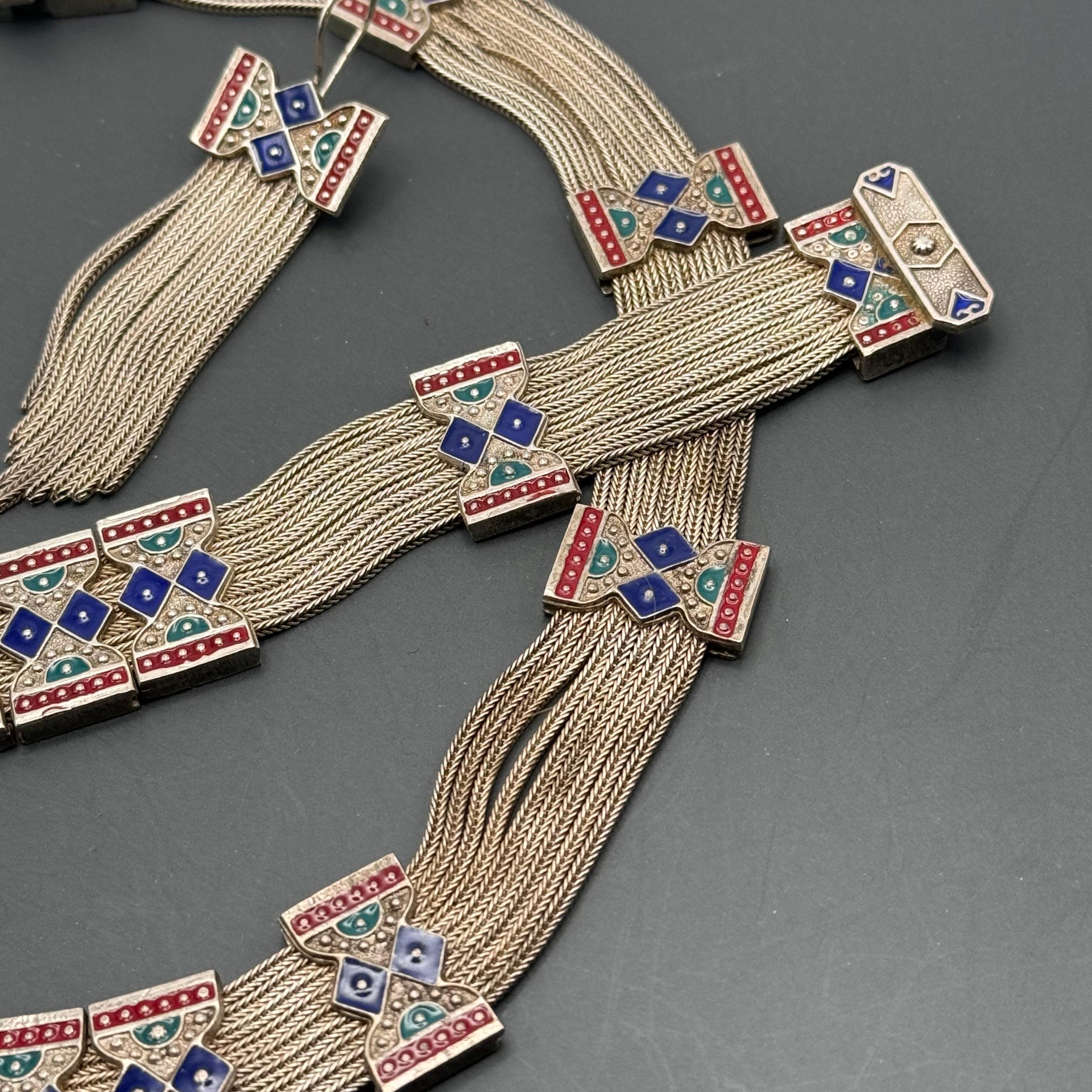 Art Deco Sterling Silver Enamel Choker Necklace tassel Earrings and Bracelet Jewelry Set For Sale