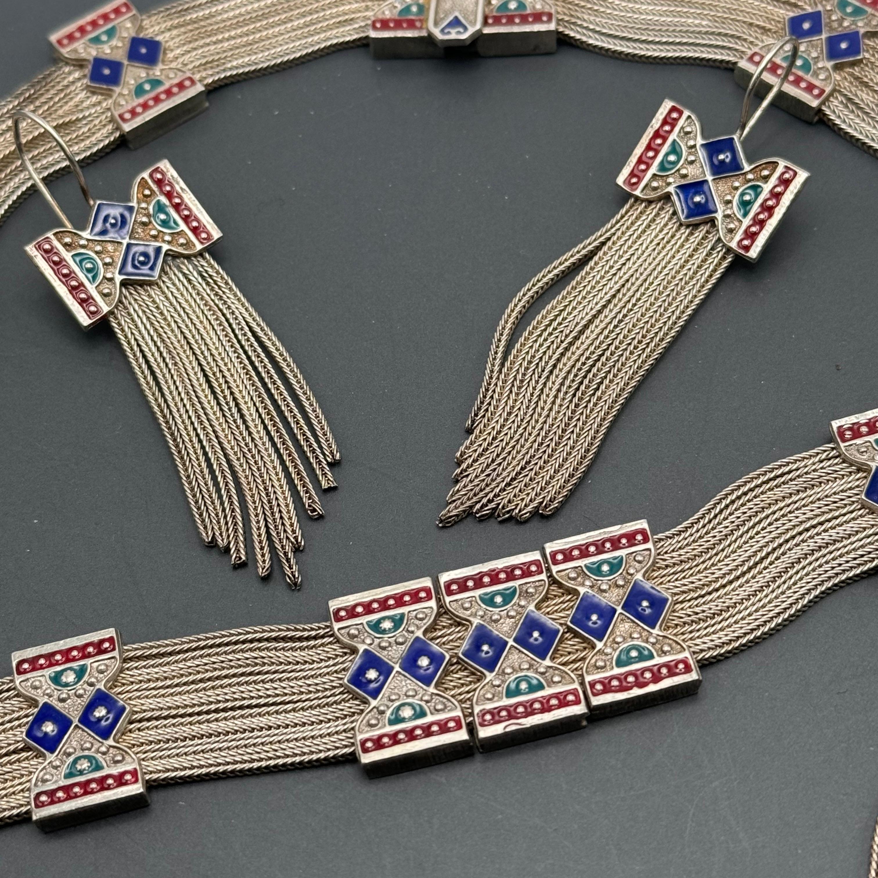 Sterling Silver Enamel Choker Necklace tassel Earrings and Bracelet Jewelry Set In Good Condition For Sale In Monroe Township, NJ