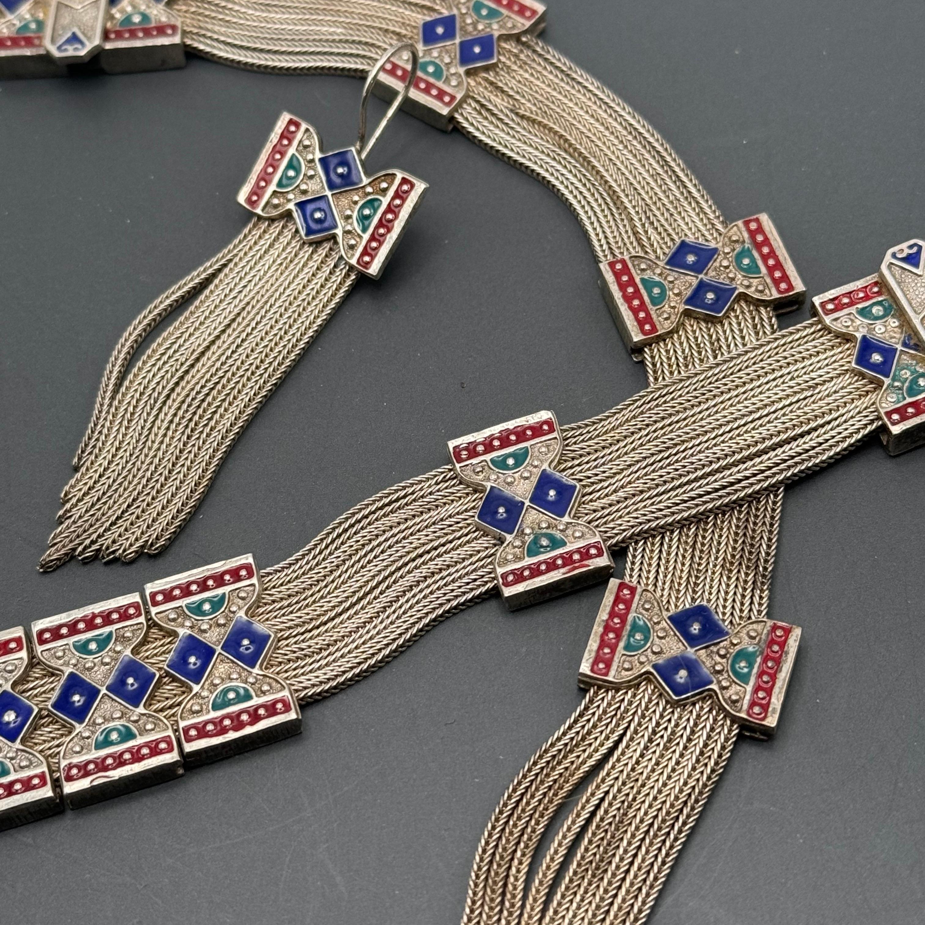 Women's Sterling Silver Enamel Choker Necklace tassel Earrings and Bracelet Jewelry Set For Sale