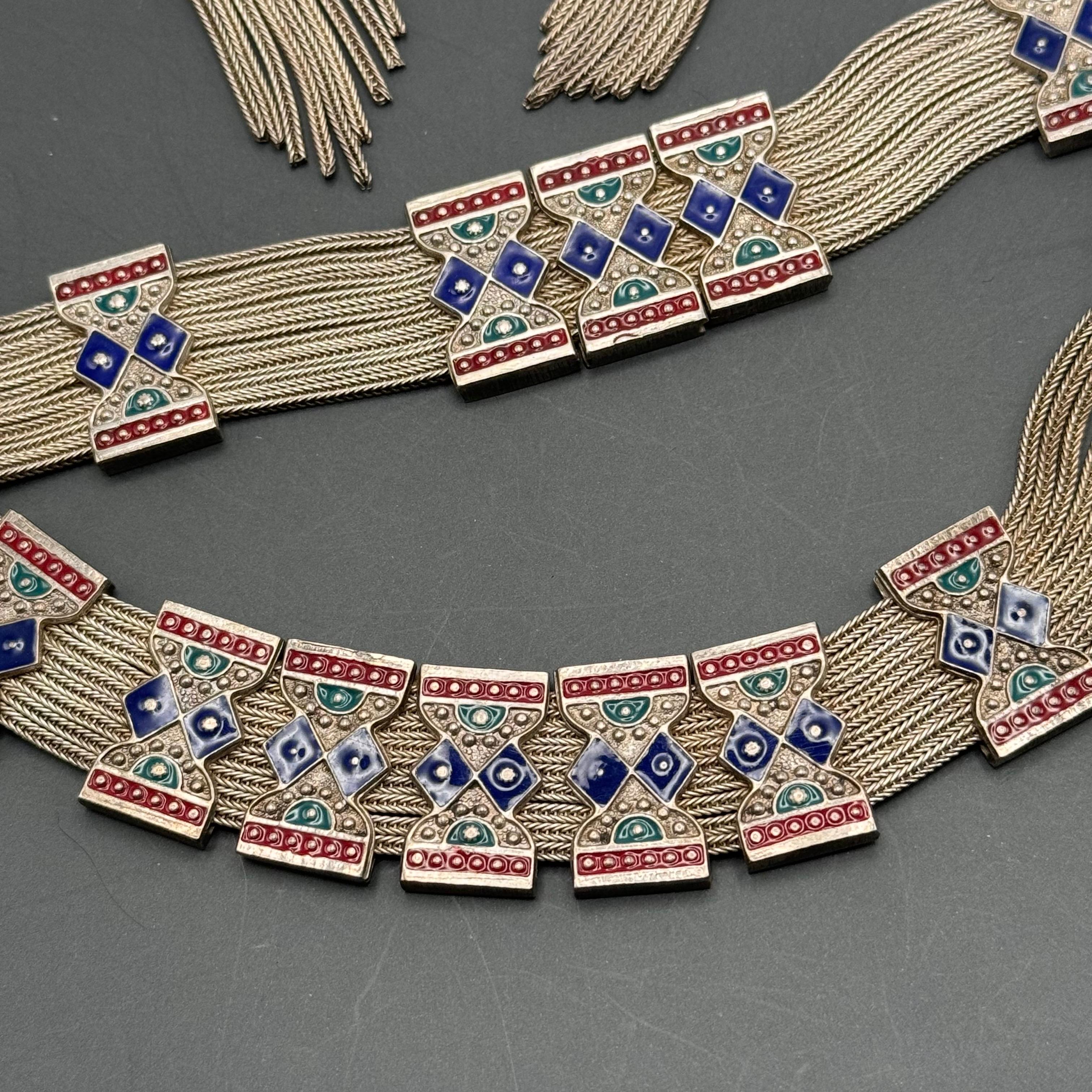 Sterling Silver Enamel Choker Necklace tassel Earrings and Bracelet Jewelry Set For Sale 1