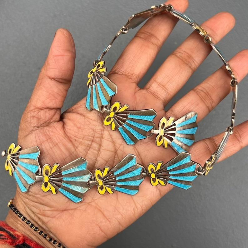 Sterling Silver & Enamel Fan-Shaped Collar Necklace Mexican Taxco For Sale 5