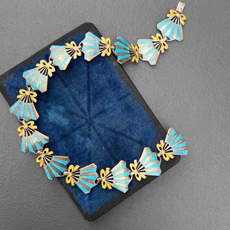 Modern Sterling Silver & Enamel Fan-Shaped Collar Necklace Mexican Taxco For Sale
