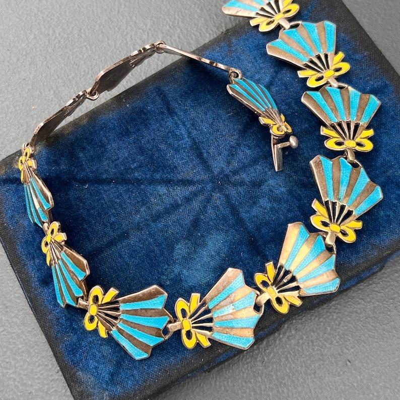 Sterling Silver & Enamel Fan-Shaped Collar Necklace Mexican Taxco In Good Condition For Sale In Monroe Township, NJ