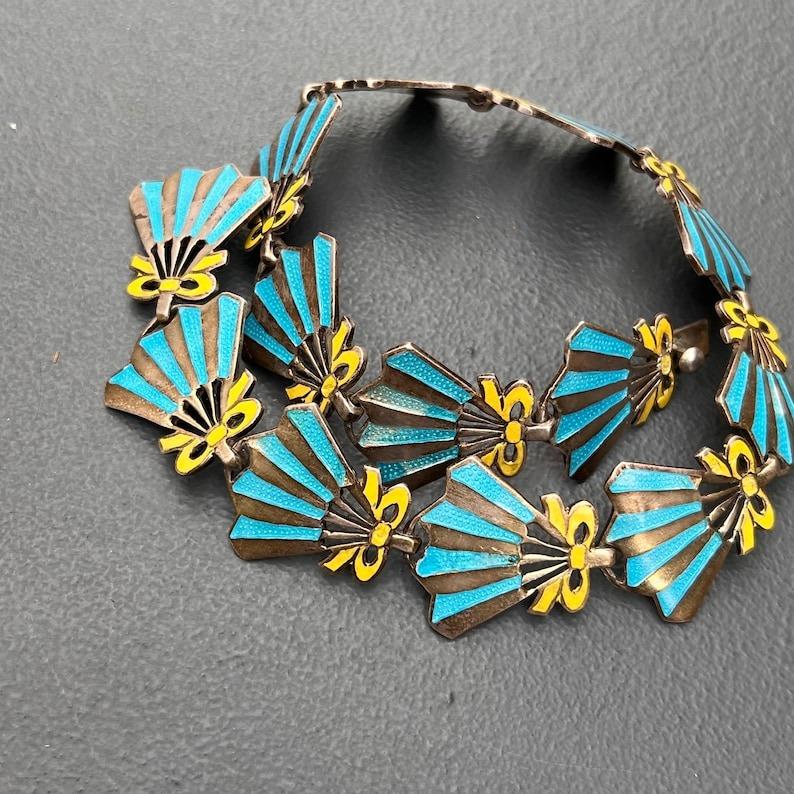Women's Sterling Silver & Enamel Fan-Shaped Collar Necklace Mexican Taxco For Sale
