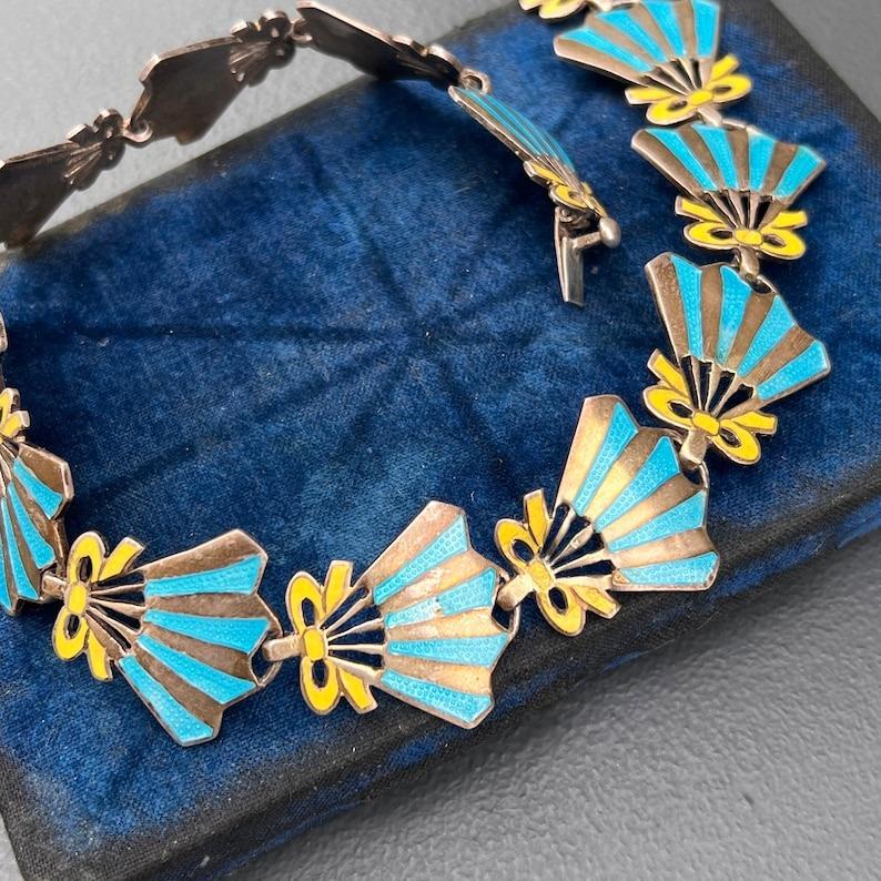 Sterling Silver & Enamel Fan-Shaped Collar Necklace Mexican Taxco For Sale 2