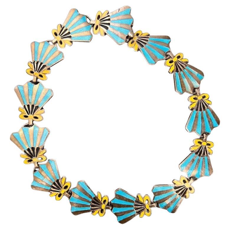 Sterling Silver & Enamel Fan-Shaped Collar Necklace Mexican Taxco