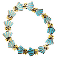 Sterling Silver & Enamel Fan-Shaped Collar Necklace Mexican Taxco