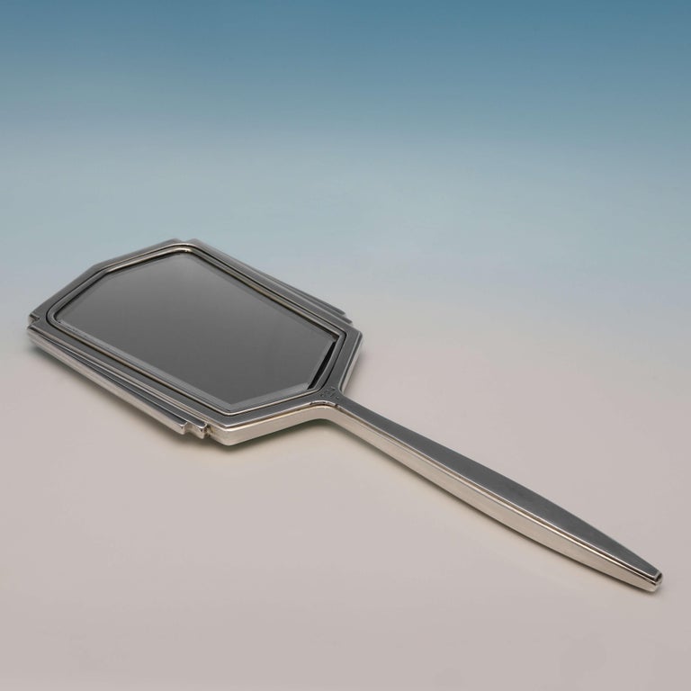 Art Deco Enamel and Sterling Silver Hand Mirror Green to White Sunburst Pattern For Sale at