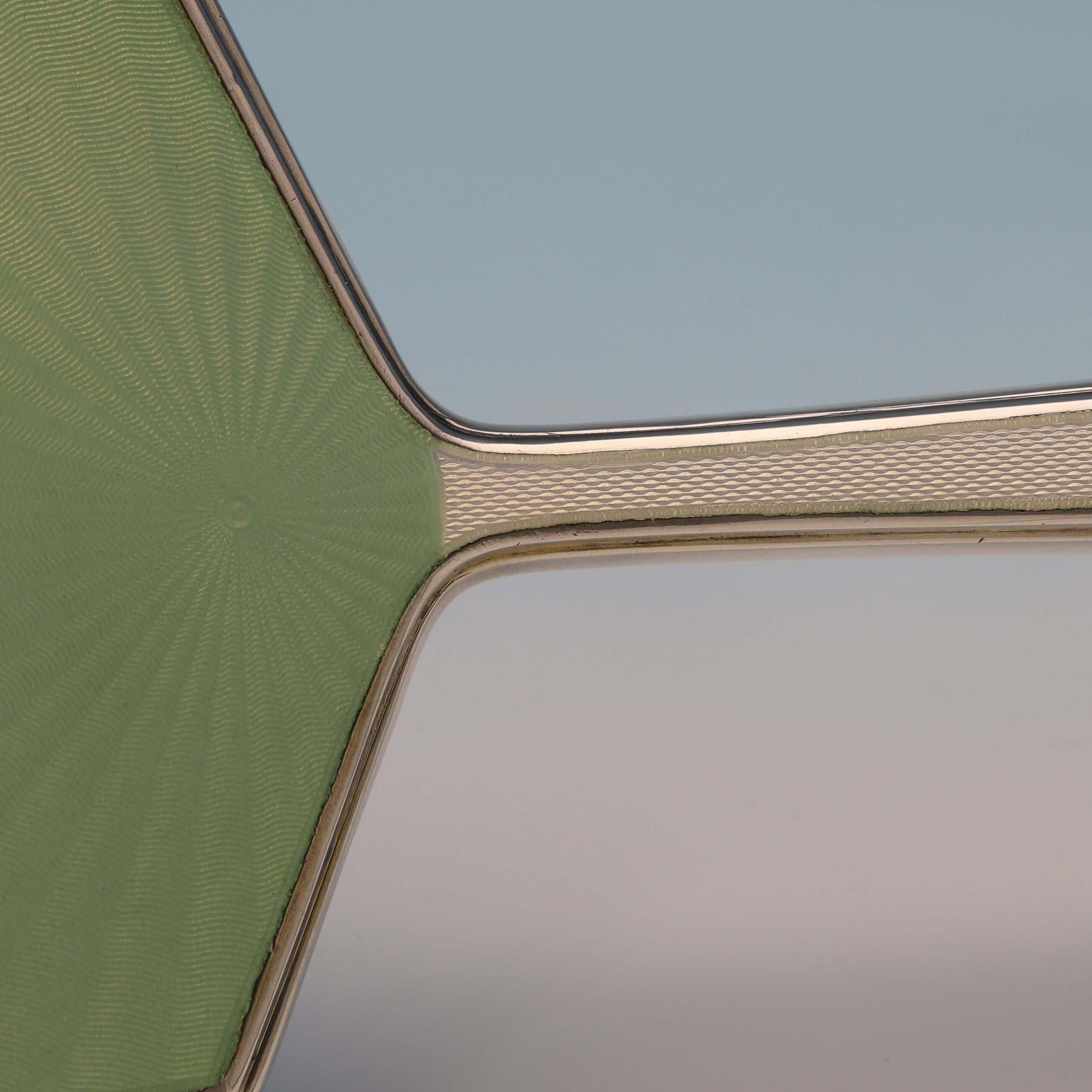 Mid-20th Century Art Deco Enamel & Sterling Silver Hand Mirror - Green to White Sunburst Pattern For Sale
